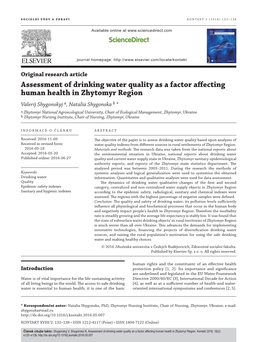 Assessment of Drinking Water Quality As a Factor Affecting Human Health