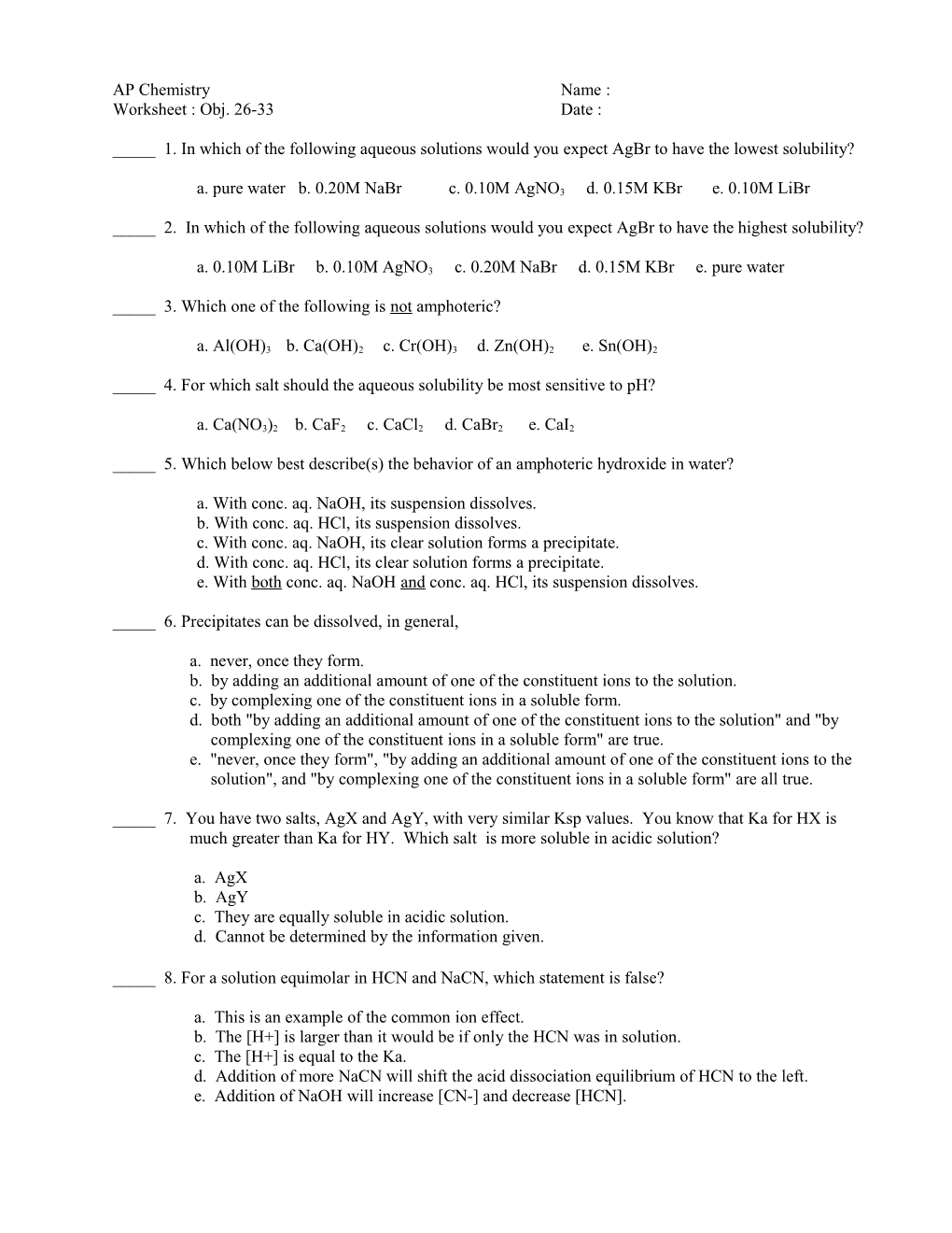 AP Chemistry Name