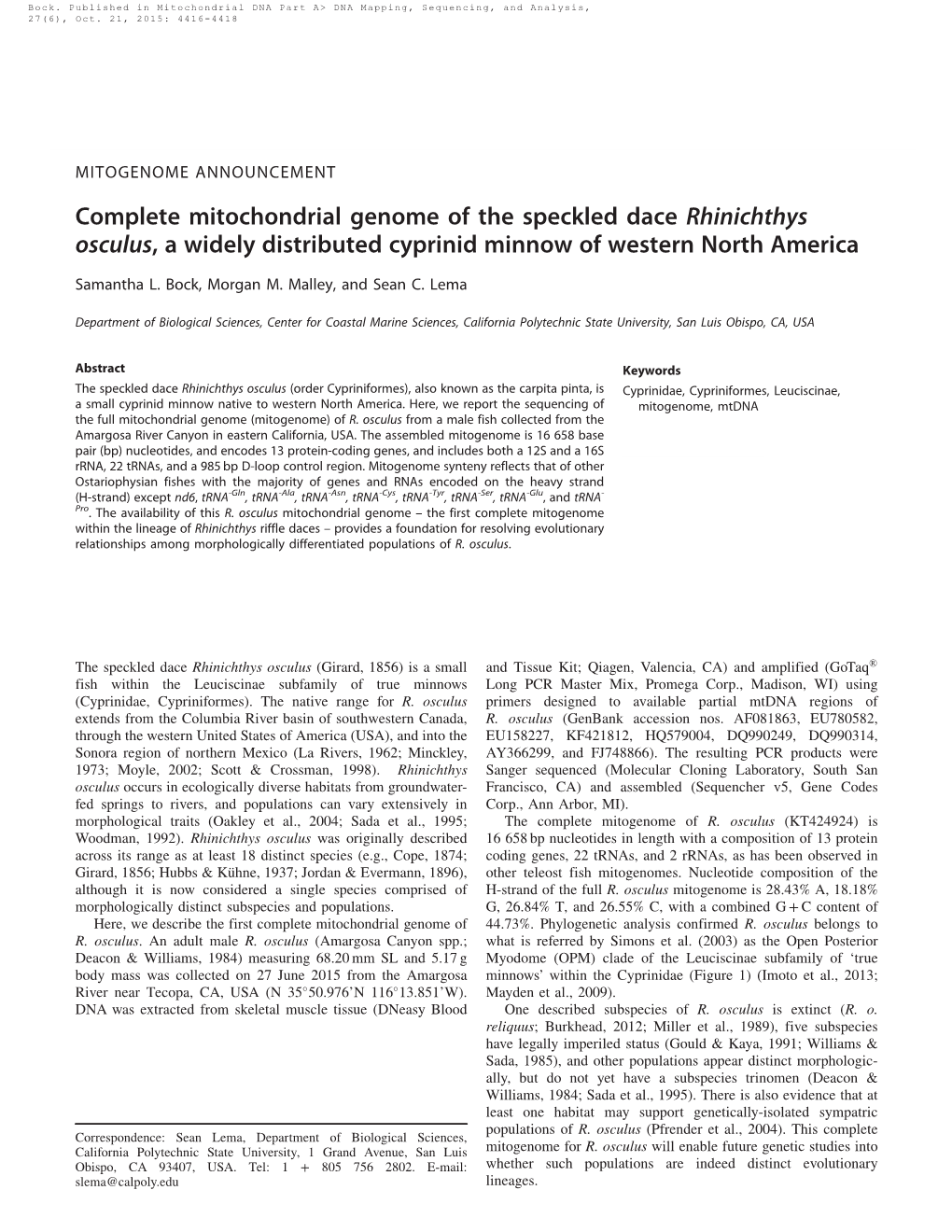 Complete Mitochondrial Genome of the Speckled Dace Rhinichthys Osculus, a Widely Distributed Cyprinid Minnow of Western North America