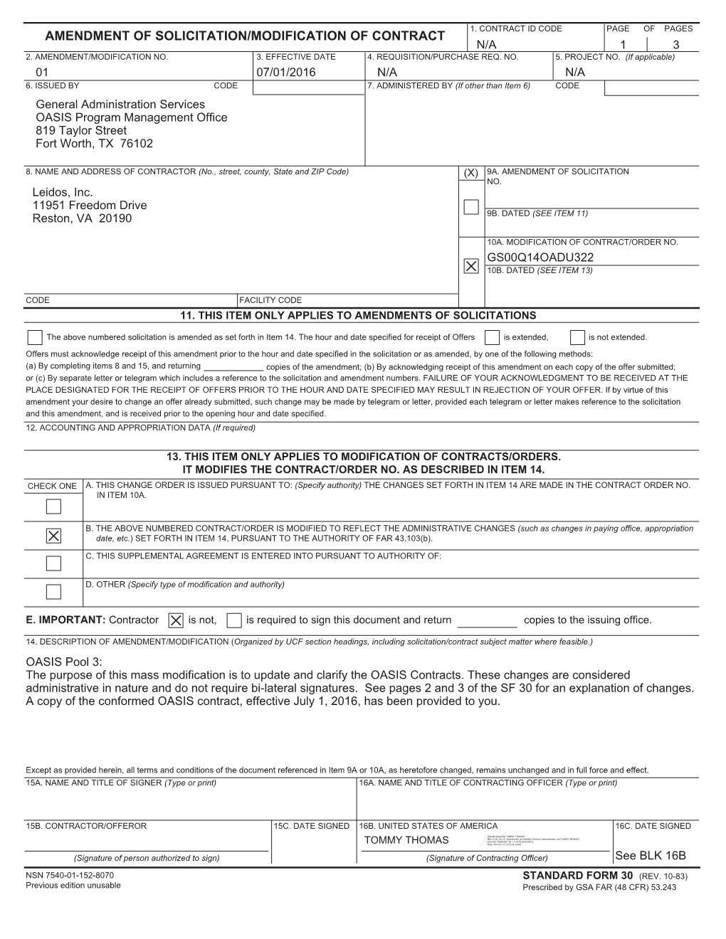 Amendment of Solicitation/Modification of Contract N/A 13 2