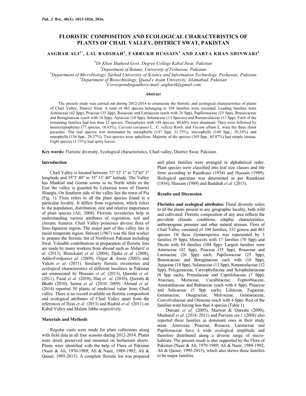 Floristic Composition and Ecological Characteristics of Plants of Chail Valley, District Swat, Pakistan