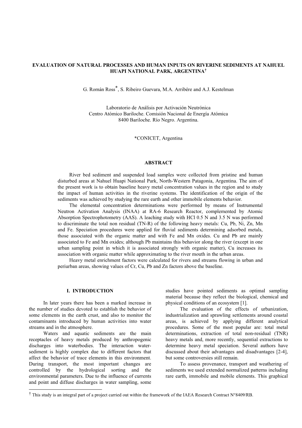 Evaluation of Natural Processes and Human Inputs on Riverine Sediments at Nahuel Huapi National Park, Argentina†