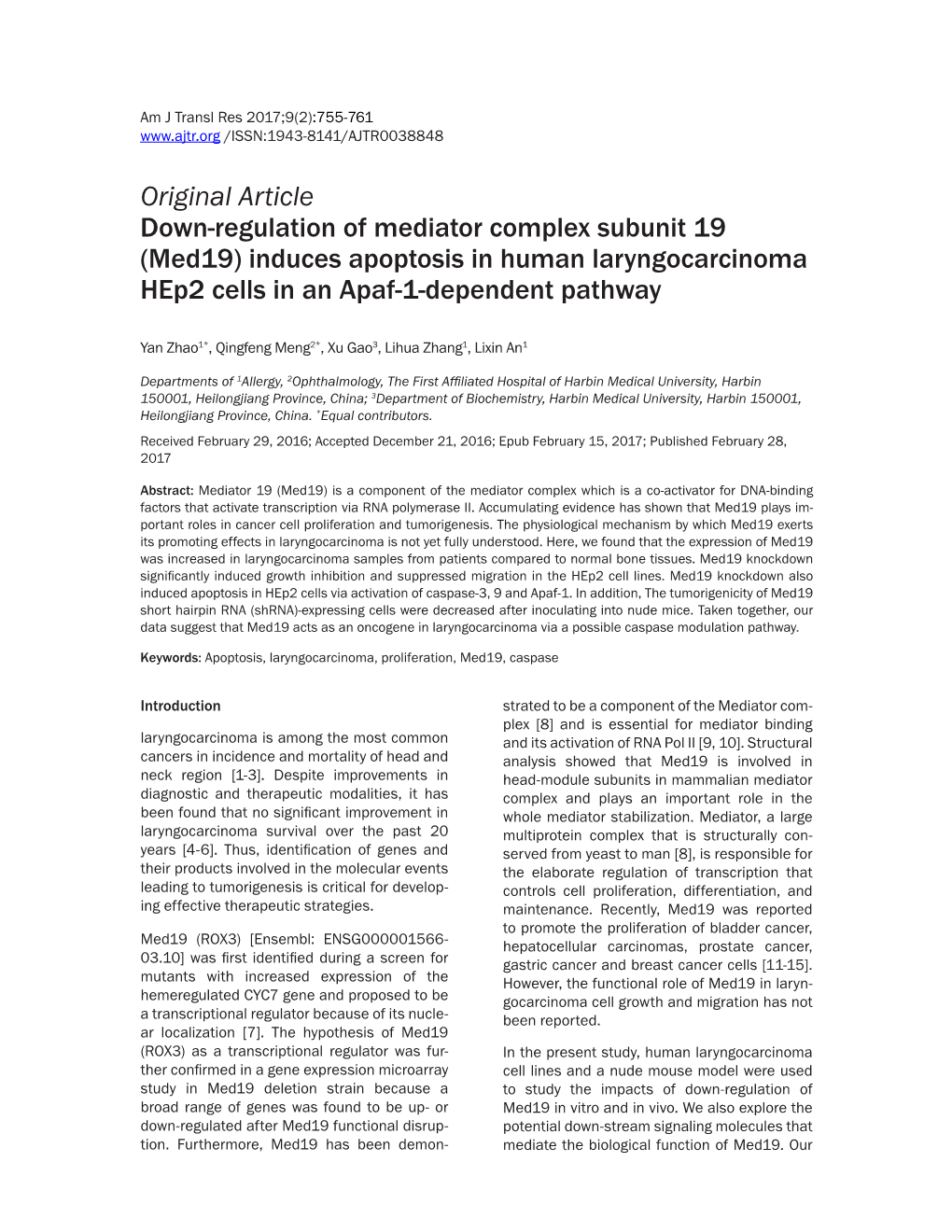 (Med19) Induces Apoptosis in Human Laryngocarcinoma Hep2 Cells in an Apaf-1-Dependent Pathway