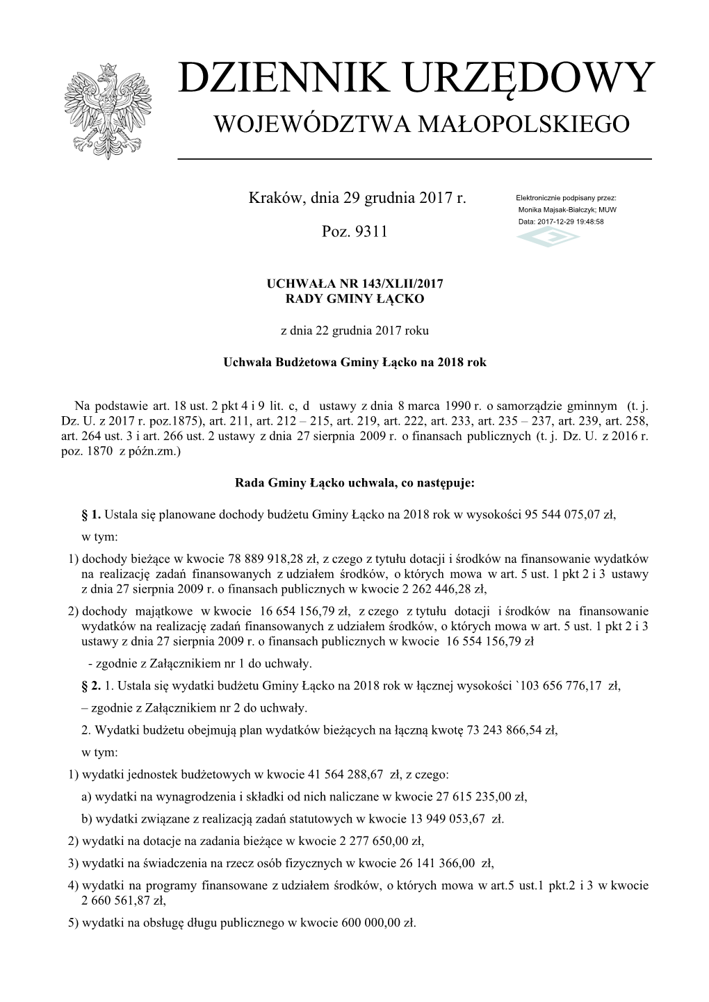 Uchwala Nr 143/XLII/2017 Z Dnia 22 Grudnia 2017 R