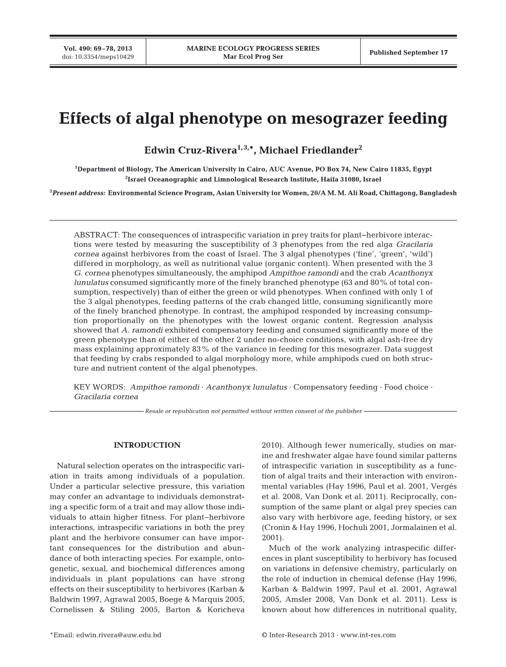 Effects of Algal Phenotype on Mesograzer Feeding