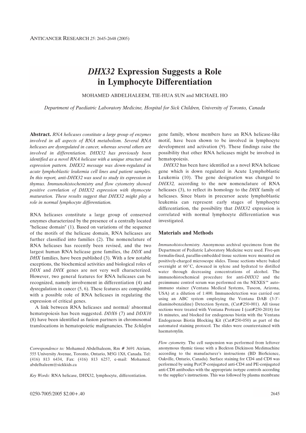 DHX32 Expression Suggests a Role in Lymphocyte Differentiation