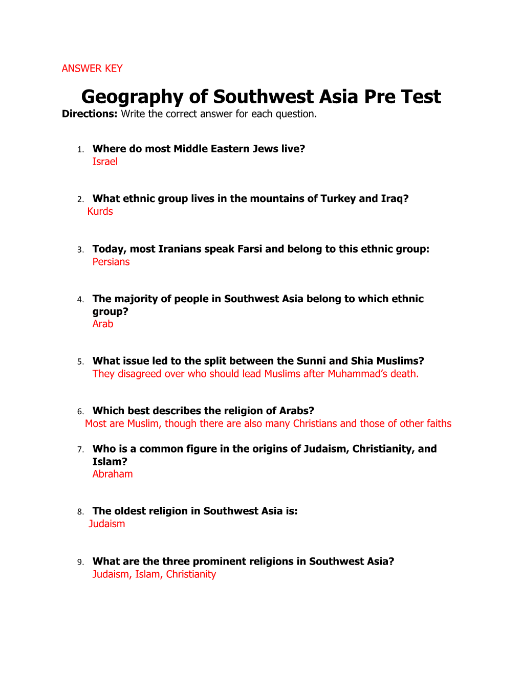 Geography of Southwest Asia Pre Test s1