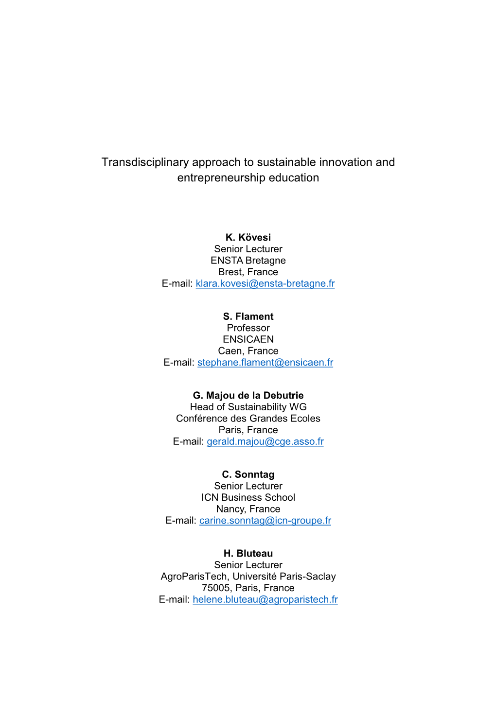 Transdisciplinary Approach to Sustainable Innovation and Entrepreneurship Education