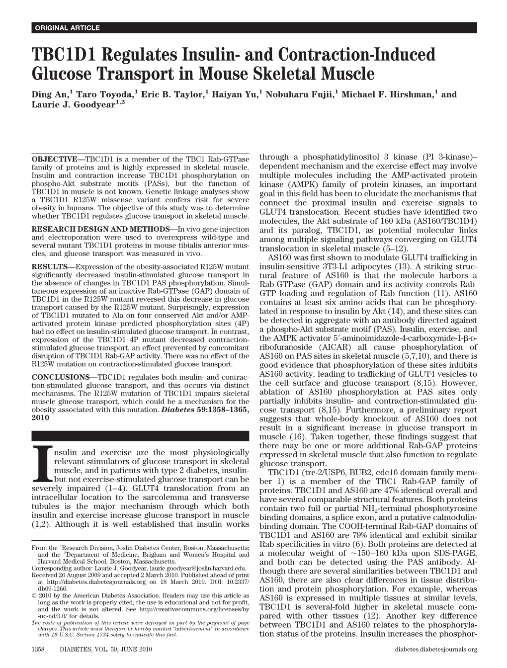 TBC1D1 Regulates Insulin- and Contraction-Induced Glucose Transport in Mouse Skeletal Muscle Ding An,1 Taro Toyoda,1 Eric B