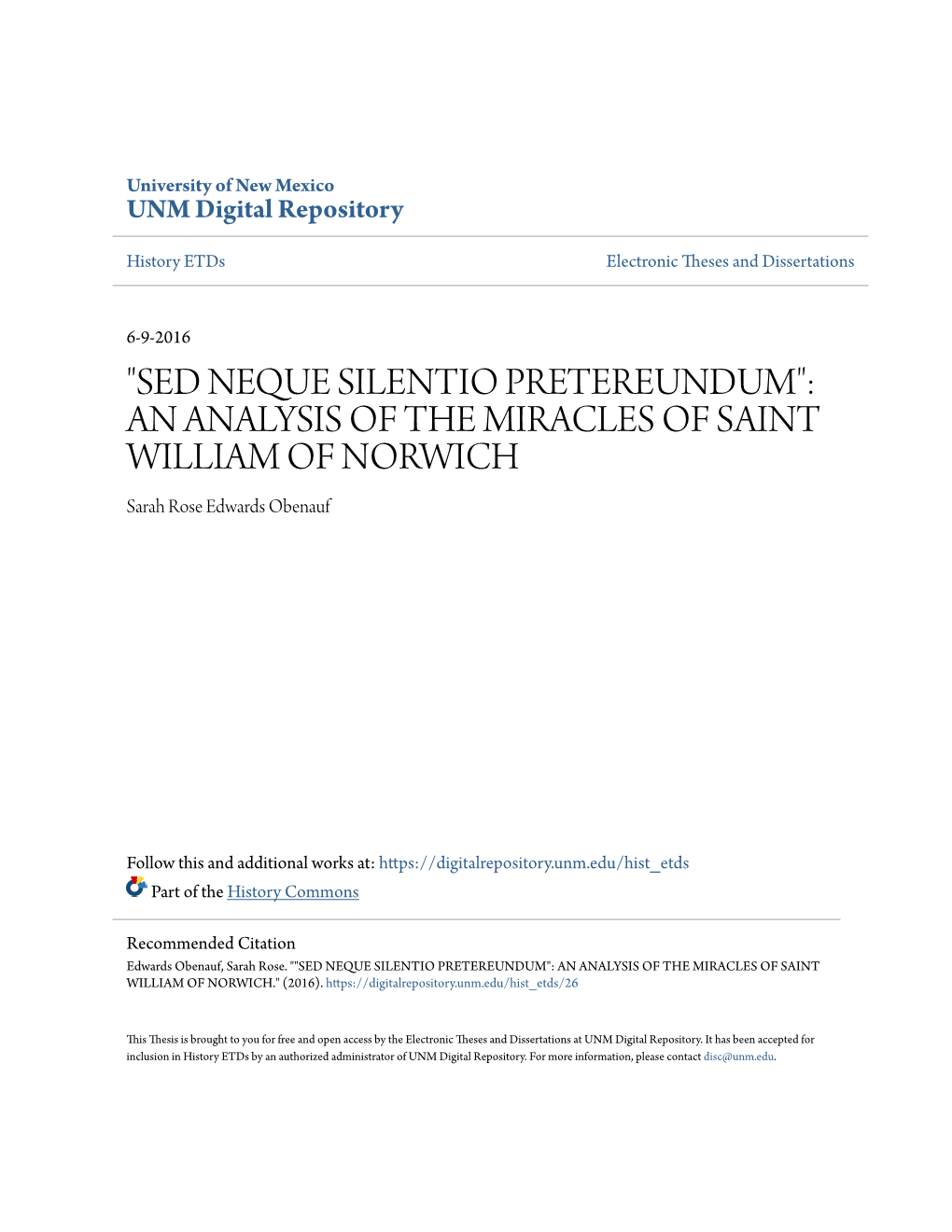 AN ANALYSIS of the MIRACLES of SAINT WILLIAM of NORWICH Sarah Rose Edwards Obenauf