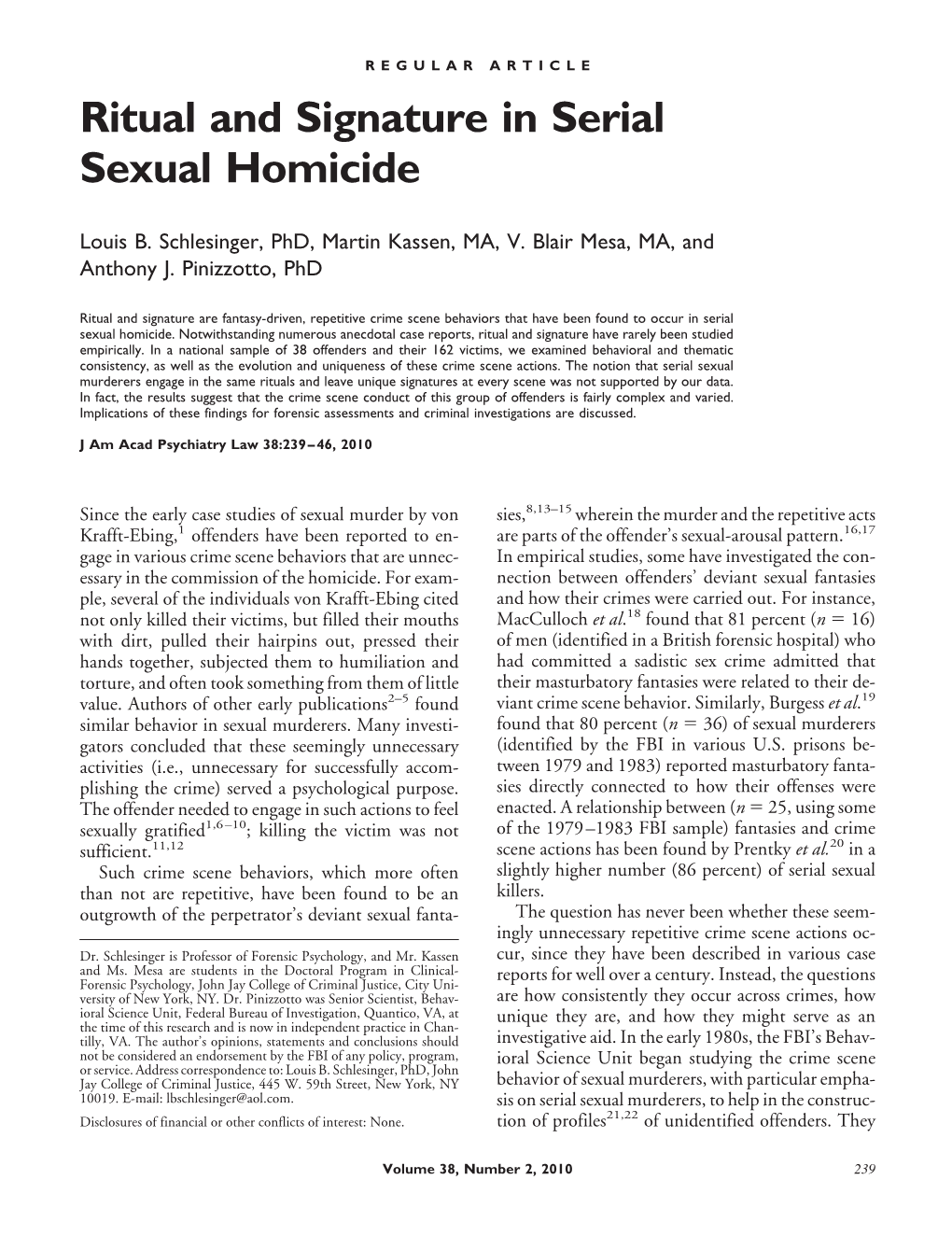 Ritual and Signature in Serial Sexual Homicide