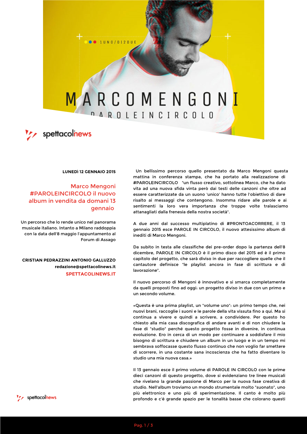 Marco Mengoni #PAROLEINCIRCOLO Il Nuovo Album in Vendita Da Domani 13 Gennaio