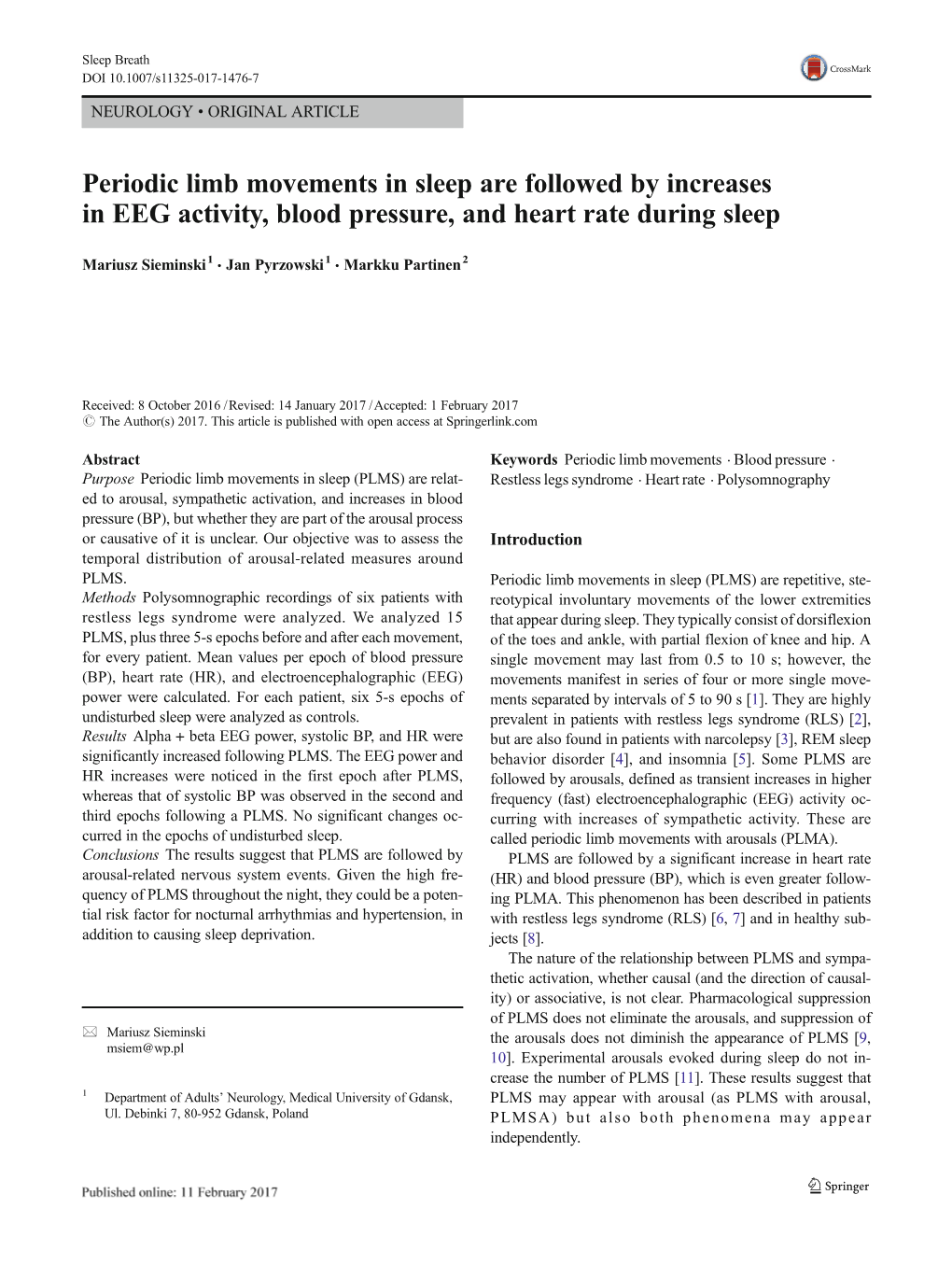 Periodic Limb Movements in Sleep Are Followed by Increases in EEG Activity, Blood Pressure, and Heart Rate During Sleep