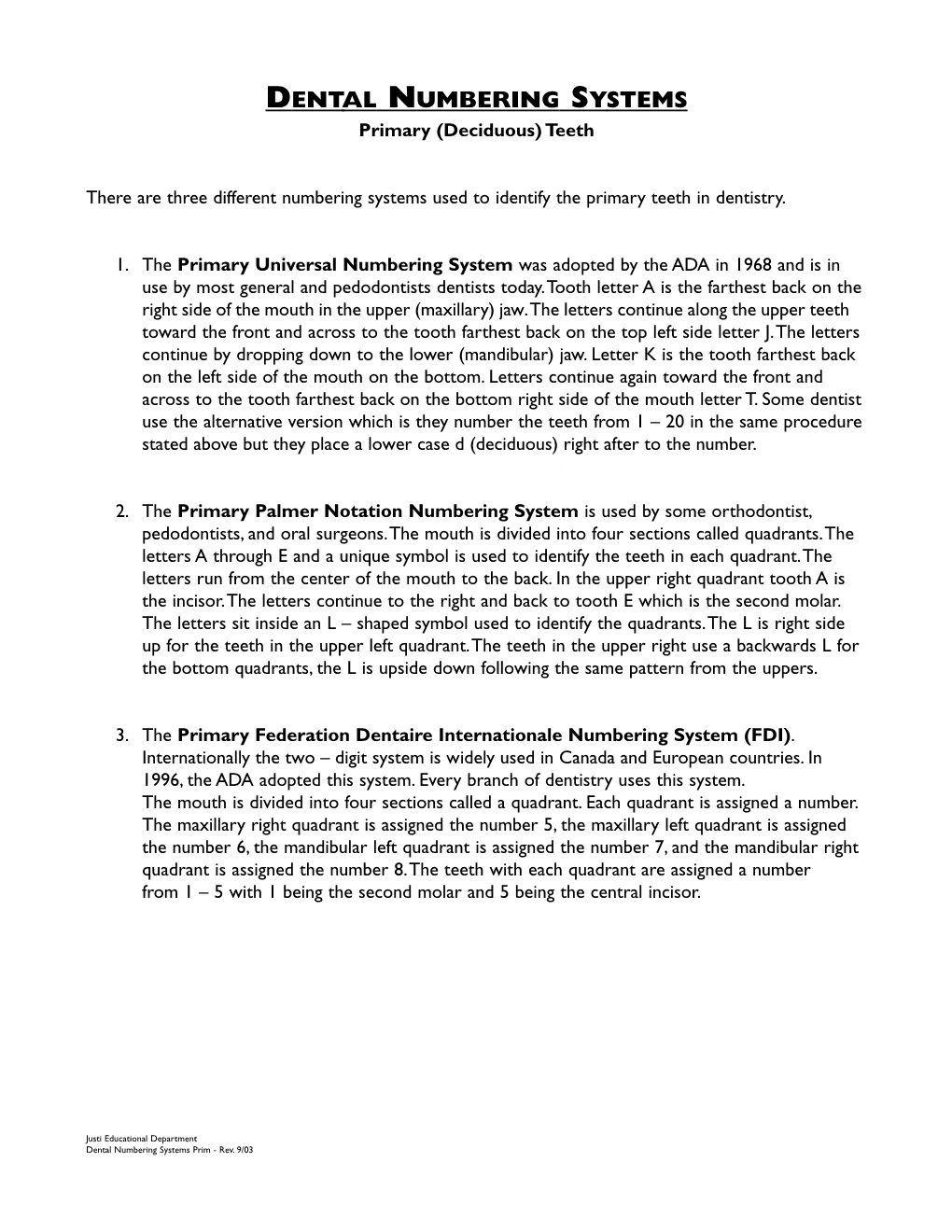 Dental Numbering System Primary Teeth