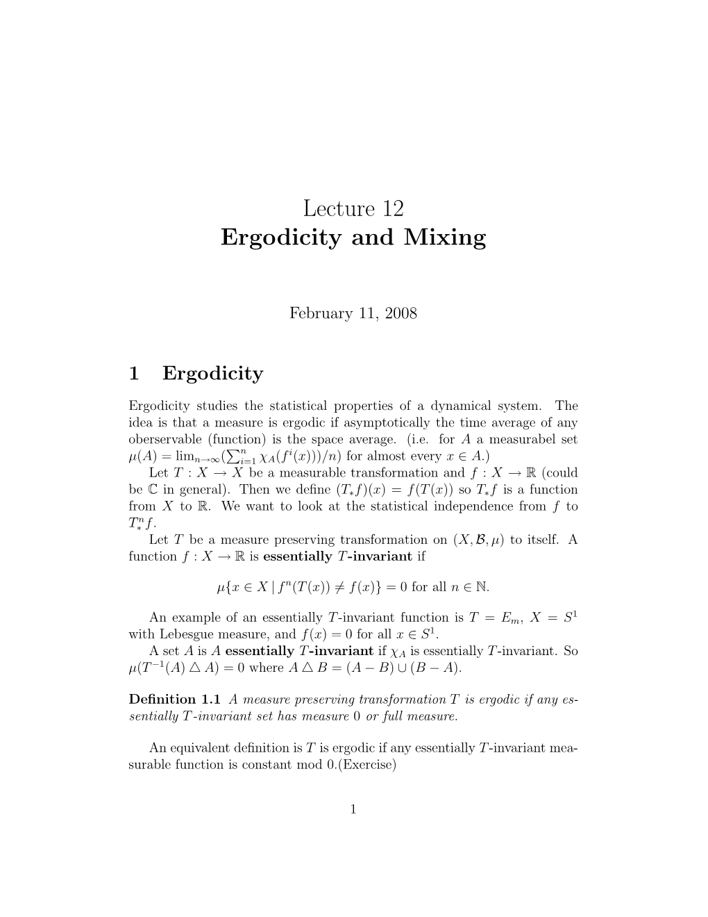 Lecture 12 Ergodicity and Mixing