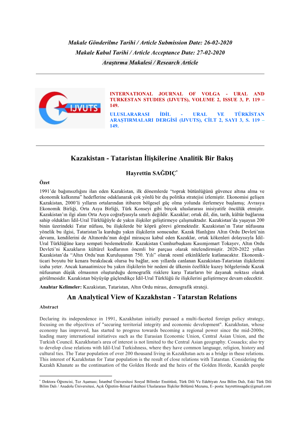 Kazakistan - Tataristan İlişkilerine Analitik Bir Bakış