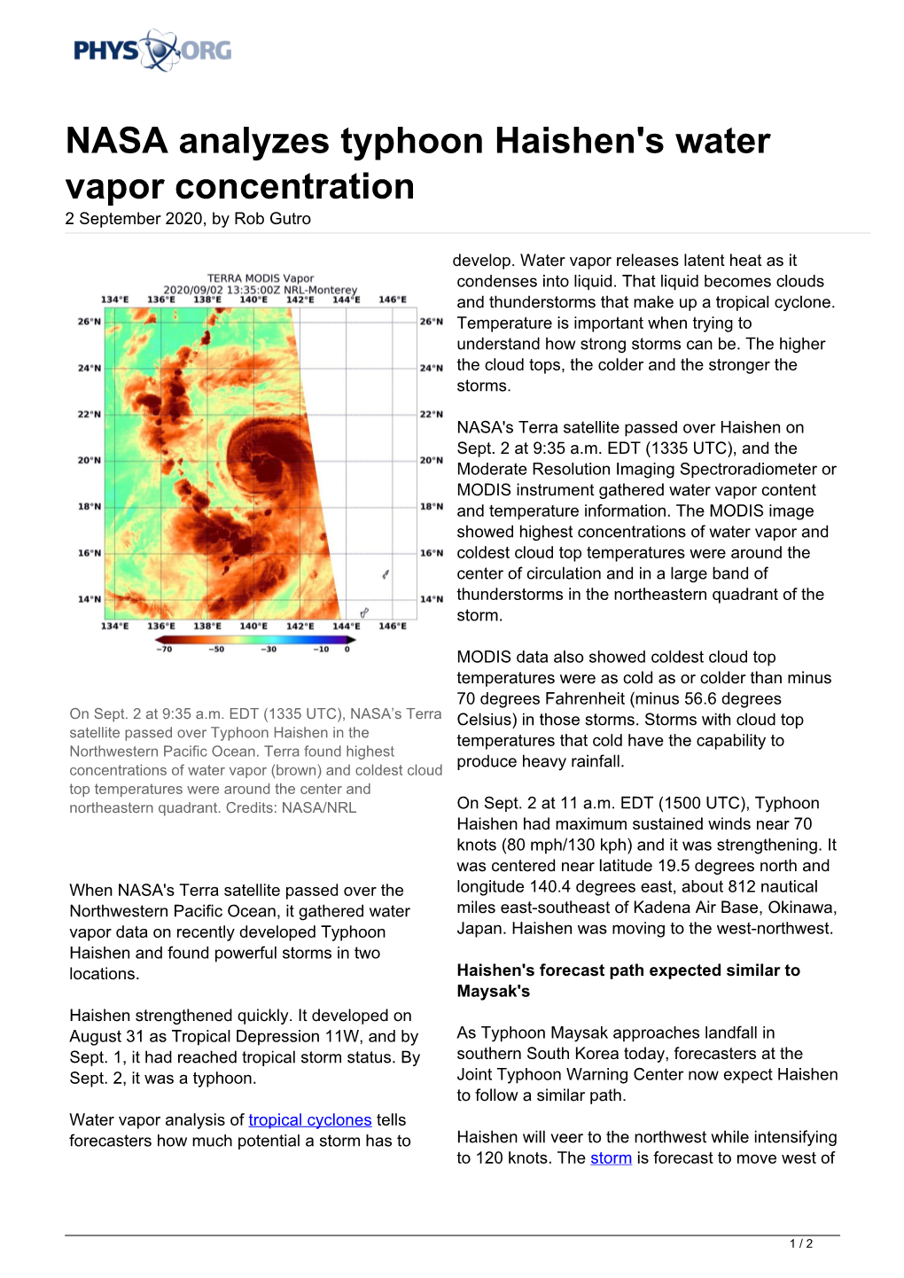 NASA Analyzes Typhoon Haishen's Water Vapor Concentration 2 September 2020, by Rob Gutro