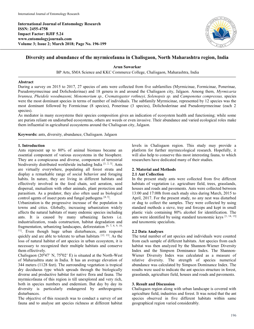 Diversity and Abundance of the Myrmicofauna in Chalisgaon, North Maharashtra Region, India