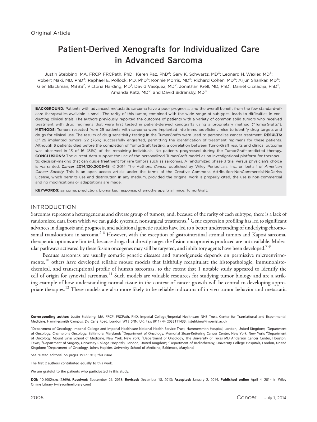 Patientderived Xenografts for Individualized Care in Advanced Sarcoma