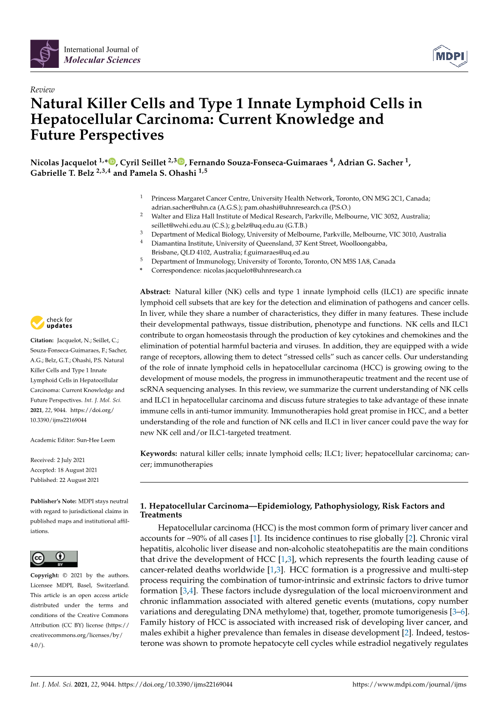 Natural Killer Cells and Type 1 Innate Lymphoid Cells in Hepatocellular Carcinoma: Current Knowledge and Future Perspectives