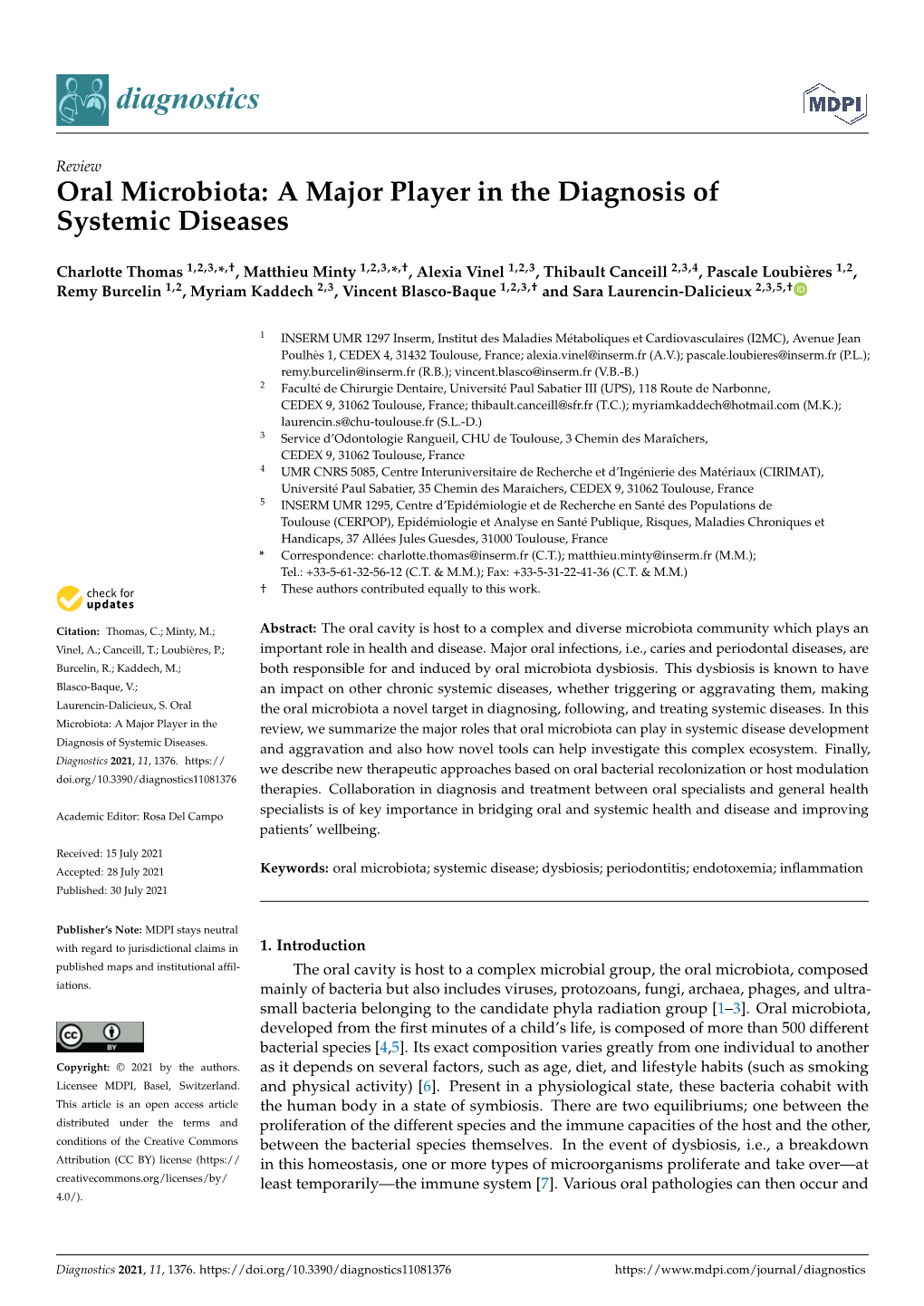 Oral Microbiota: a Major Player in the Diagnosis of Systemic Diseases