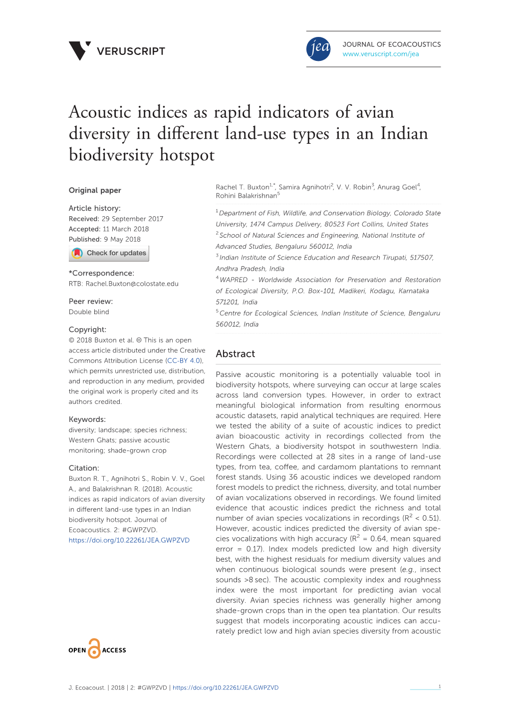 Acoustic Indices As Rapid Indicators of Avian Diversity in Different Land-Use