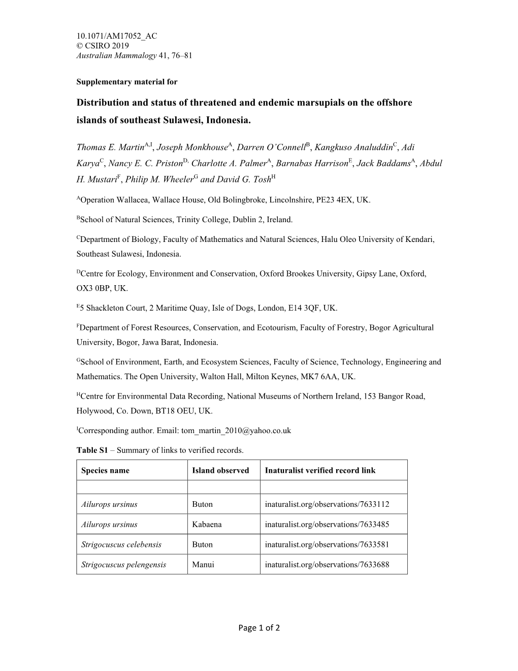 Distribution and Status of Threatened and Endemic Marsupials on the Offshore Islands of Southeast Sulawesi, Indonesia