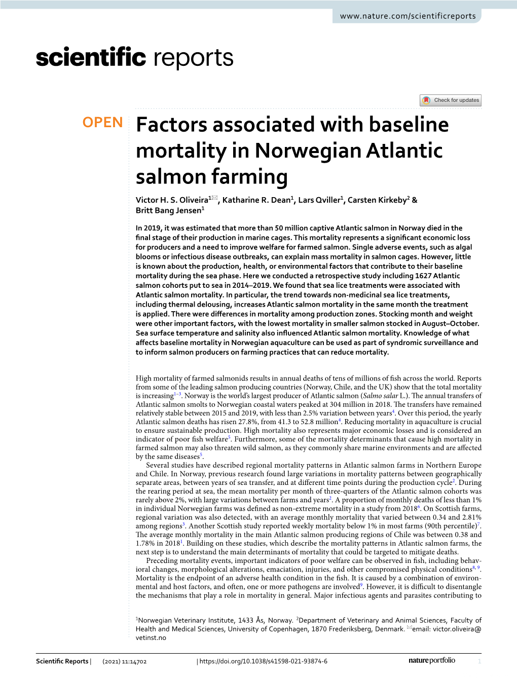 Factors Associated with Baseline Mortality in Norwegian Atlantic Salmon Farming Victor H