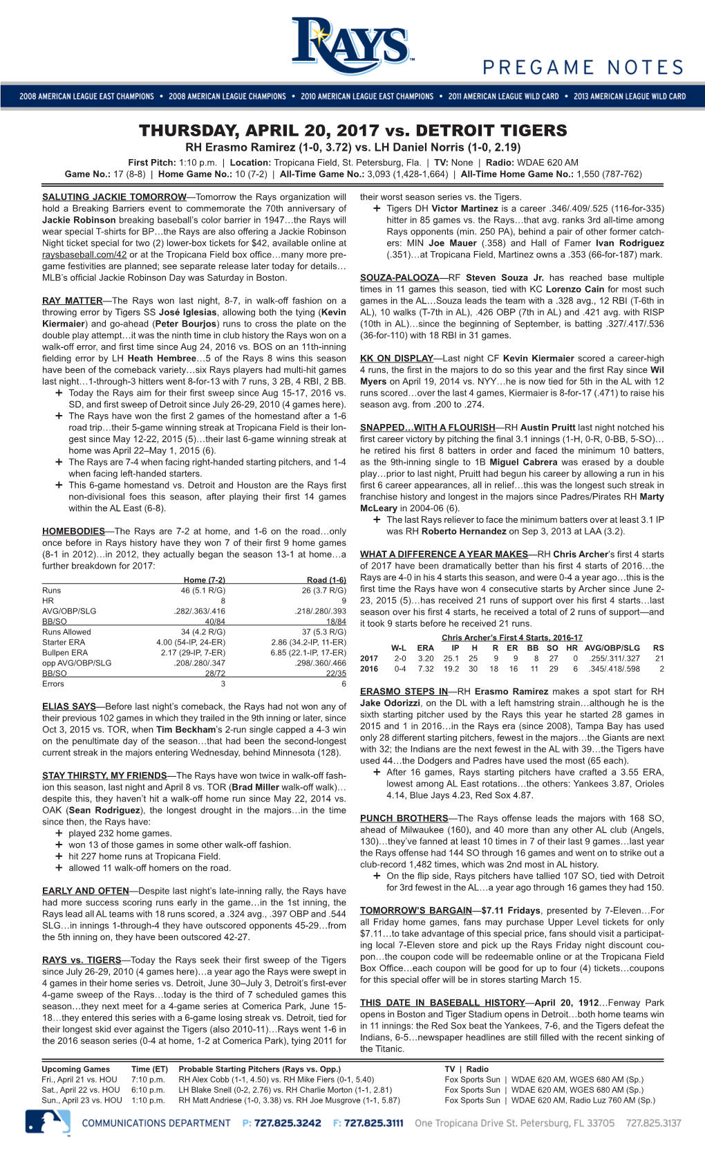 THURSDAY, APRIL 20, 2017 Vs. DETROIT TIGERS RH Erasmo Ramirez (1-0, 3.72) Vs