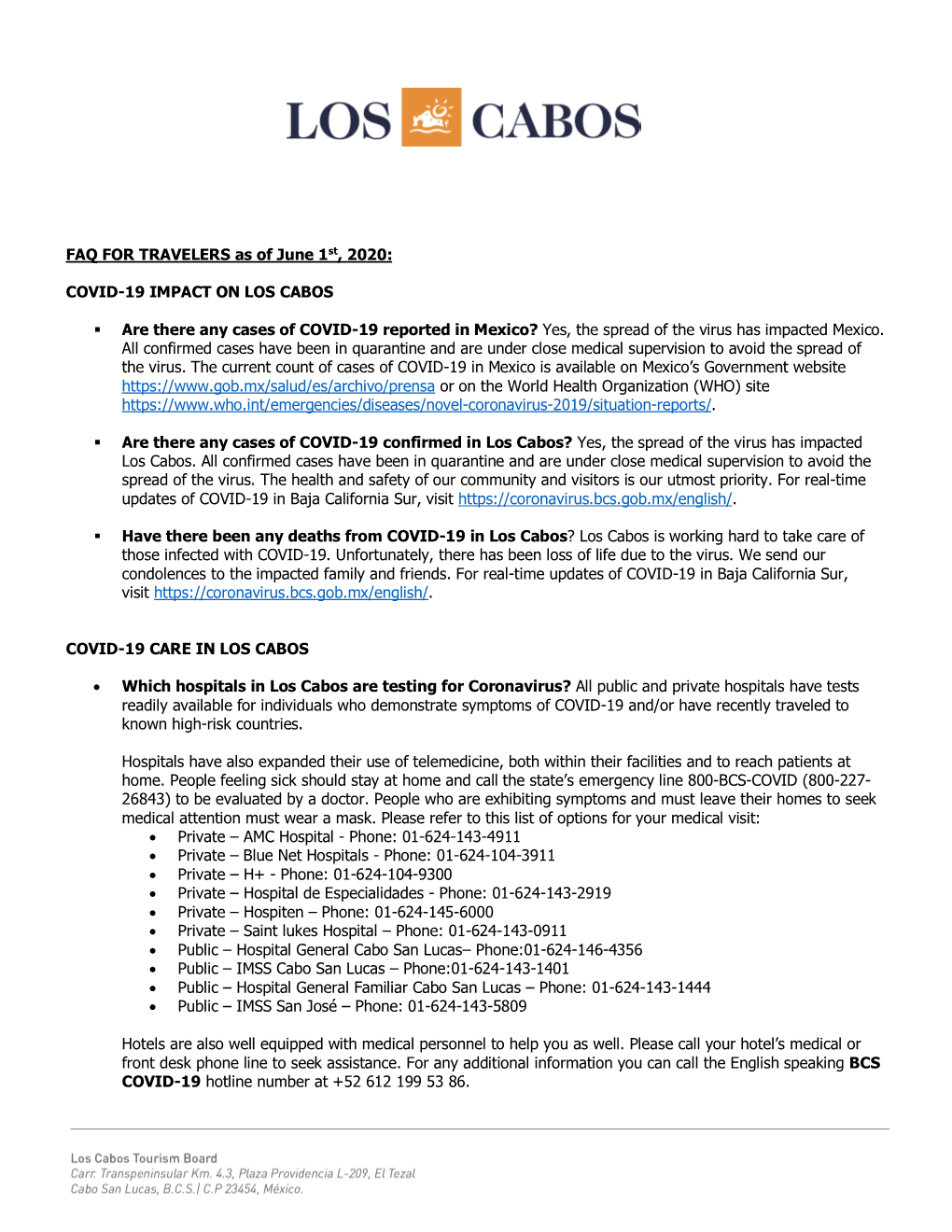 FAQ for TRAVELERS As of June 1St, 2020: COVID-19 IMPACT ON