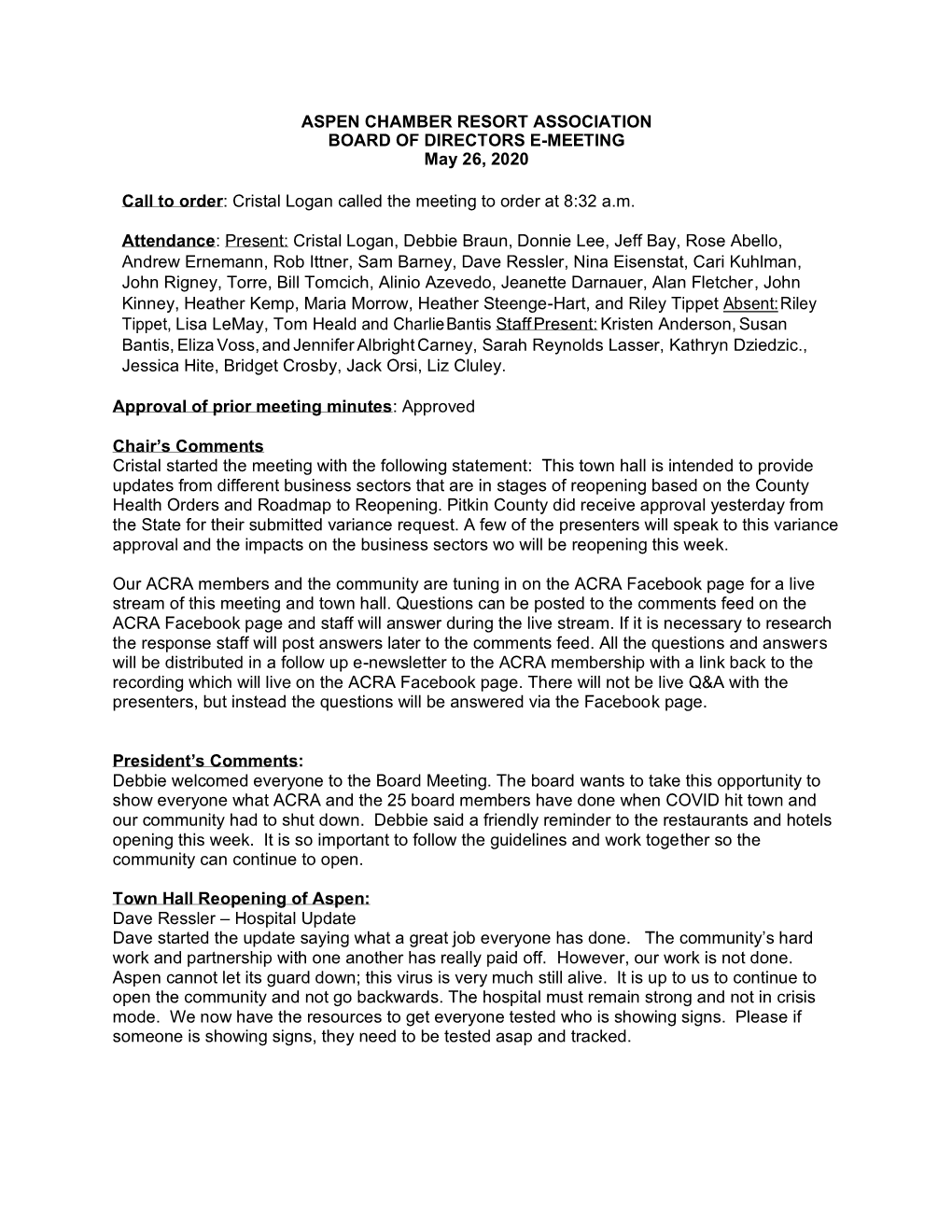 ASPEN CHAMBER RESORT ASSOCIATION BOARD of DIRECTORS E-MEETING May 26, 2020
