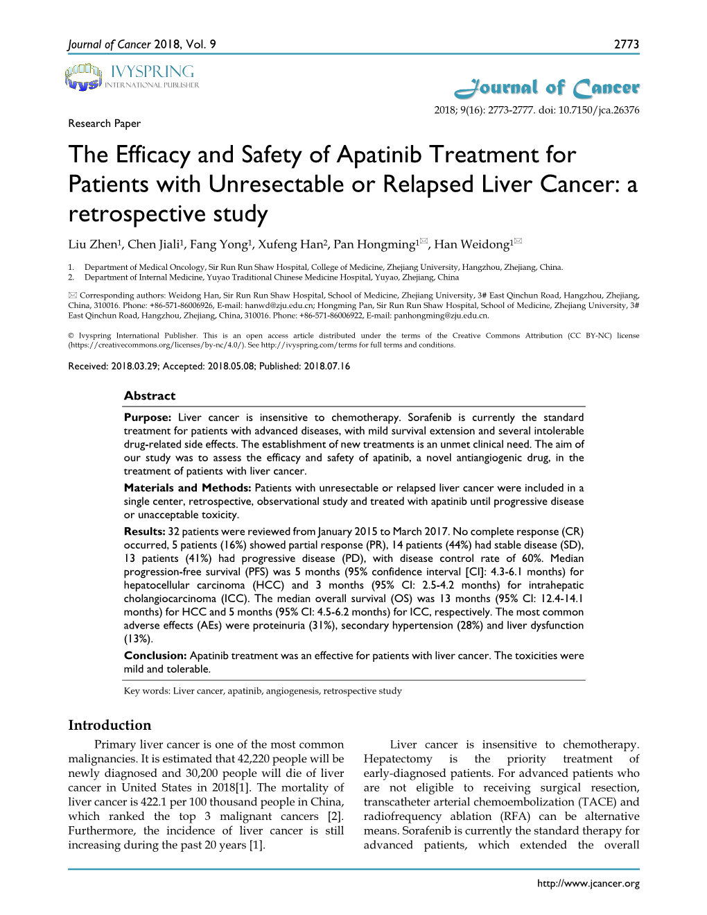 The Efficacy and Safety of Apatinib Treatment for Patients With