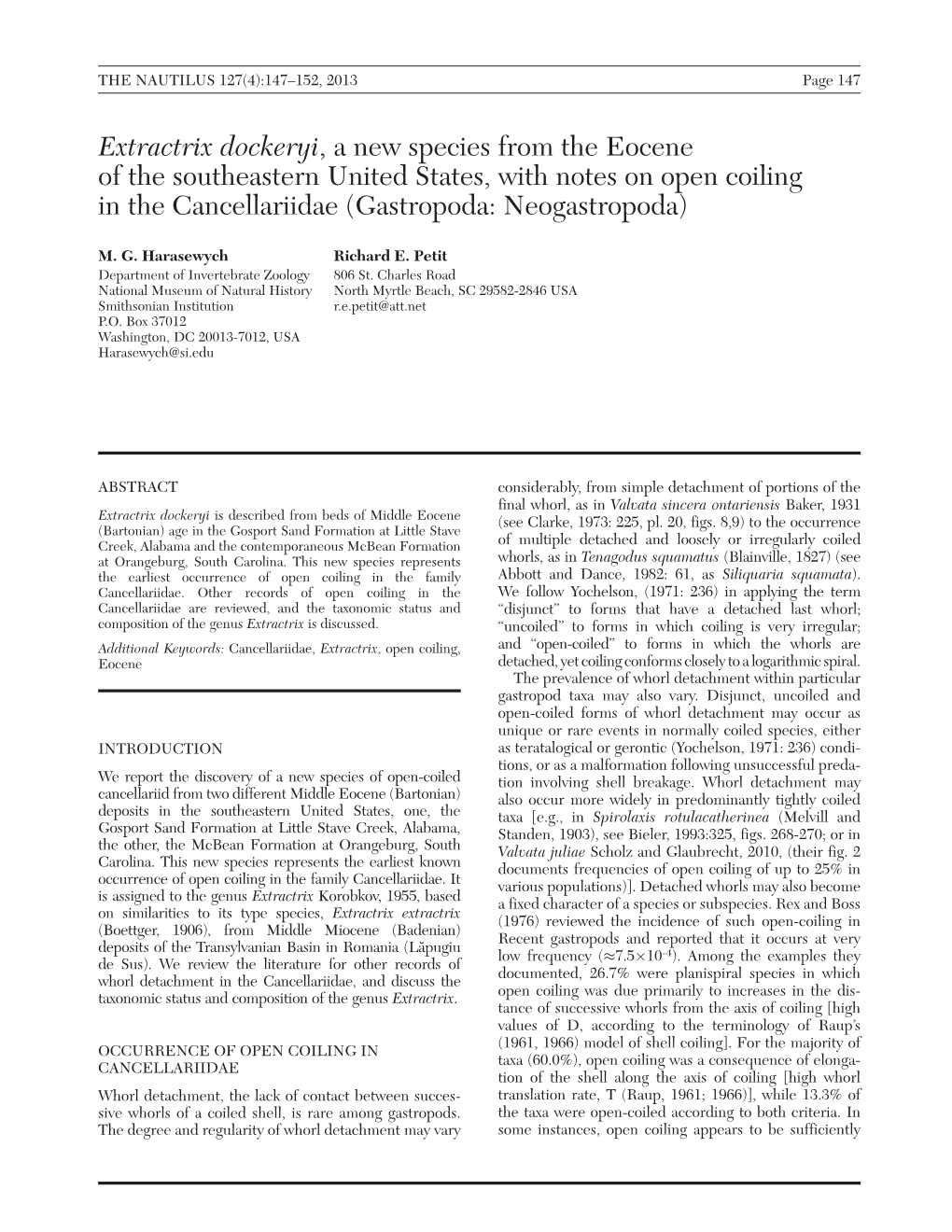 Extractrix Dockeryi, a New Species from the Eocene of the Southeastern United States, with Notes on Open Coiling in the Cancellariidae (Gastropoda: Neogastropoda)