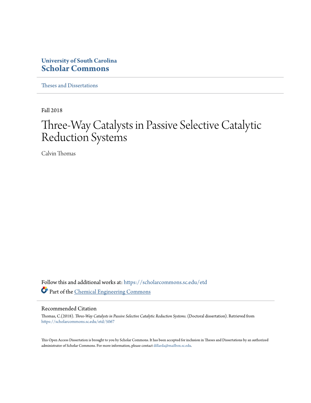 Three-Way Catalysts in Passive Selective Catalytic Reduction Systems Calvin Thomas