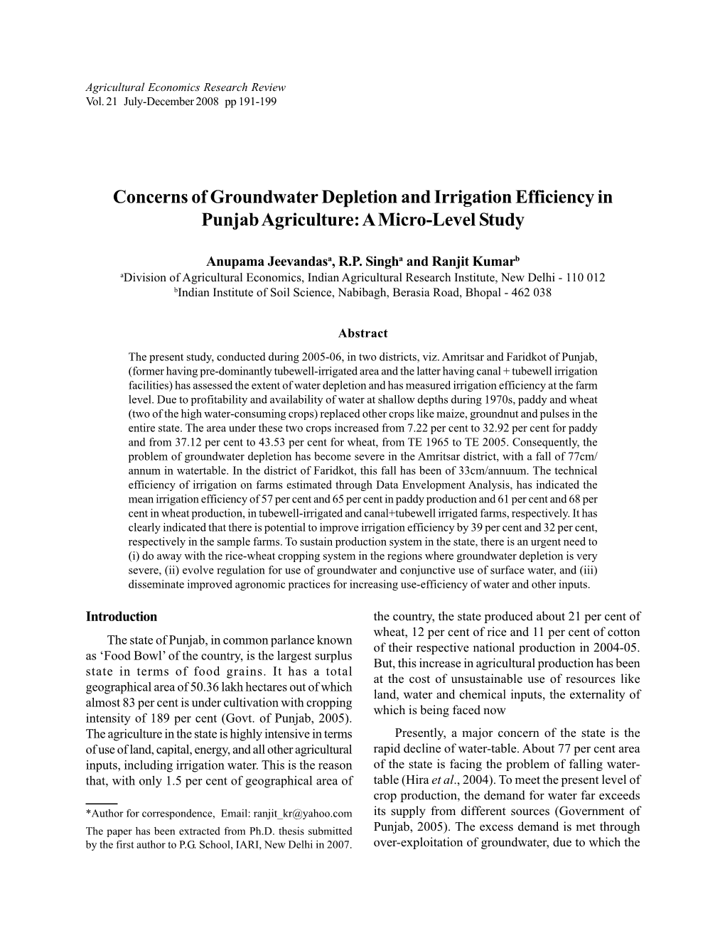 Concerns of Groundwater Depletion and Irrigation Efficiency in Punjab Agriculture: a Micro-Level Study