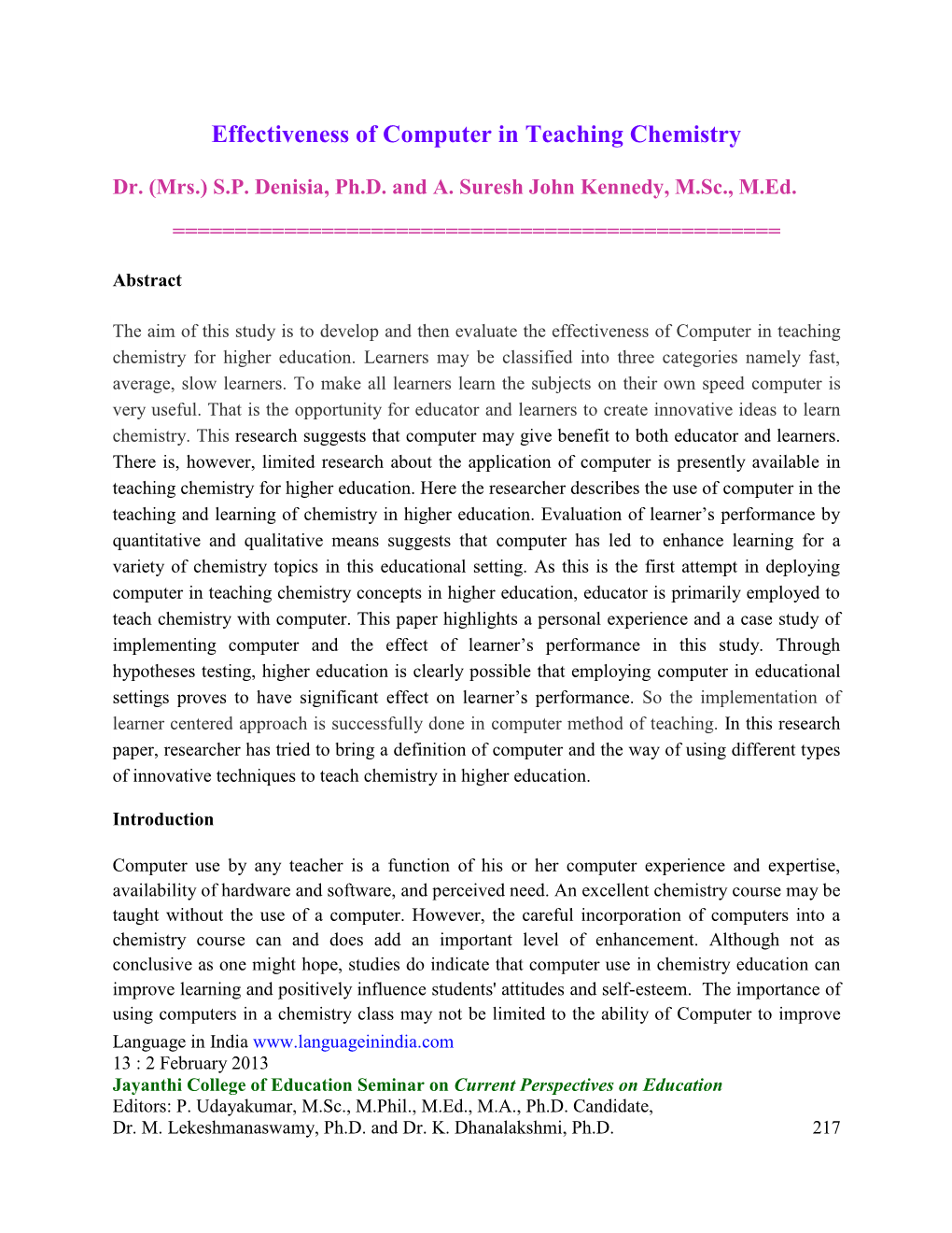 Effectiveness of Computer in Teaching Chemistry