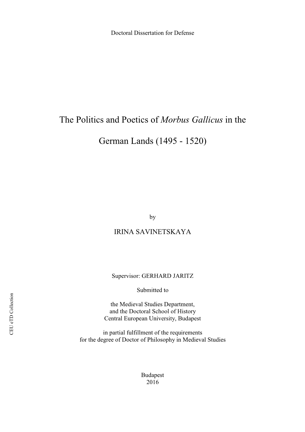 The Politics and Poetics of Morbus Gallicus in the German Lands