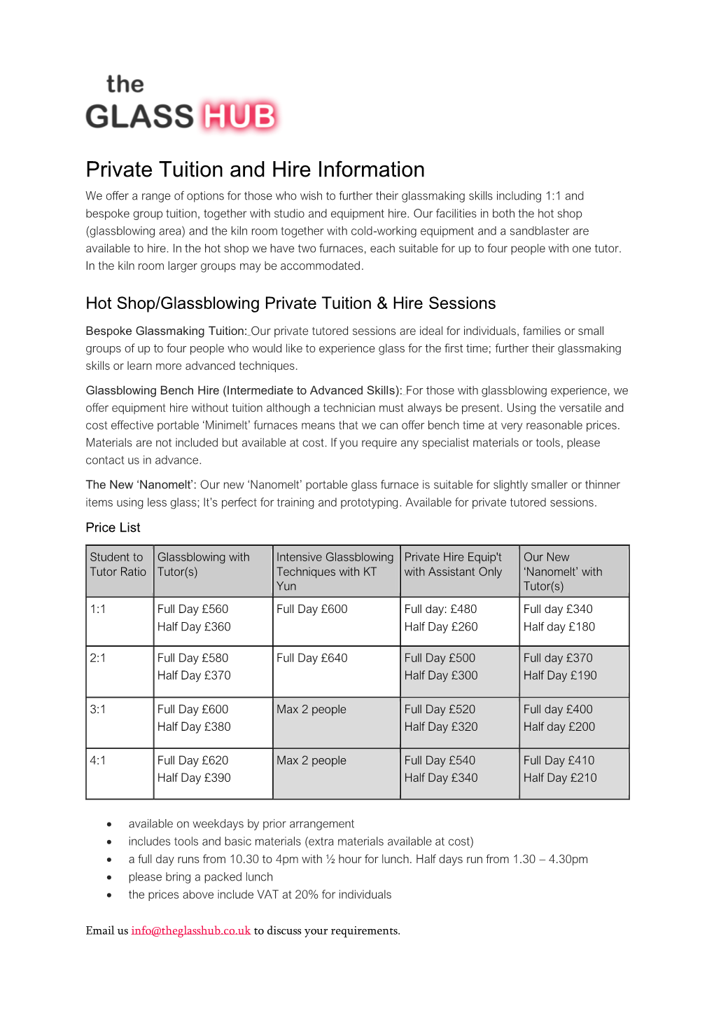 Private Tuition and Hire Information