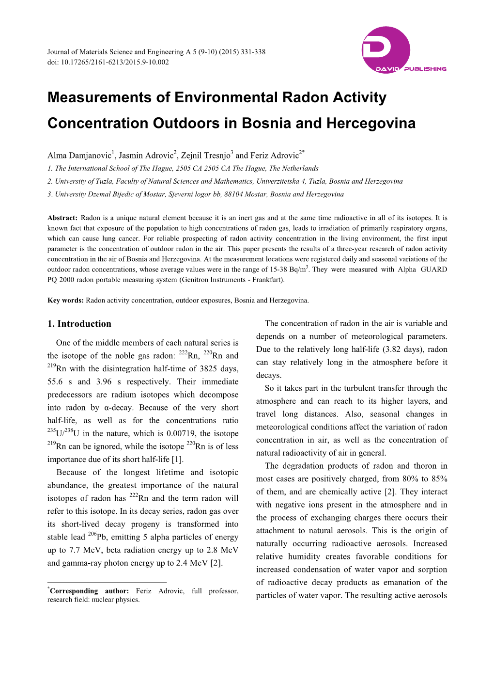 Measurements of Environmental Radon Activity Concentration Outdoors in Bosnia and Hercegovina