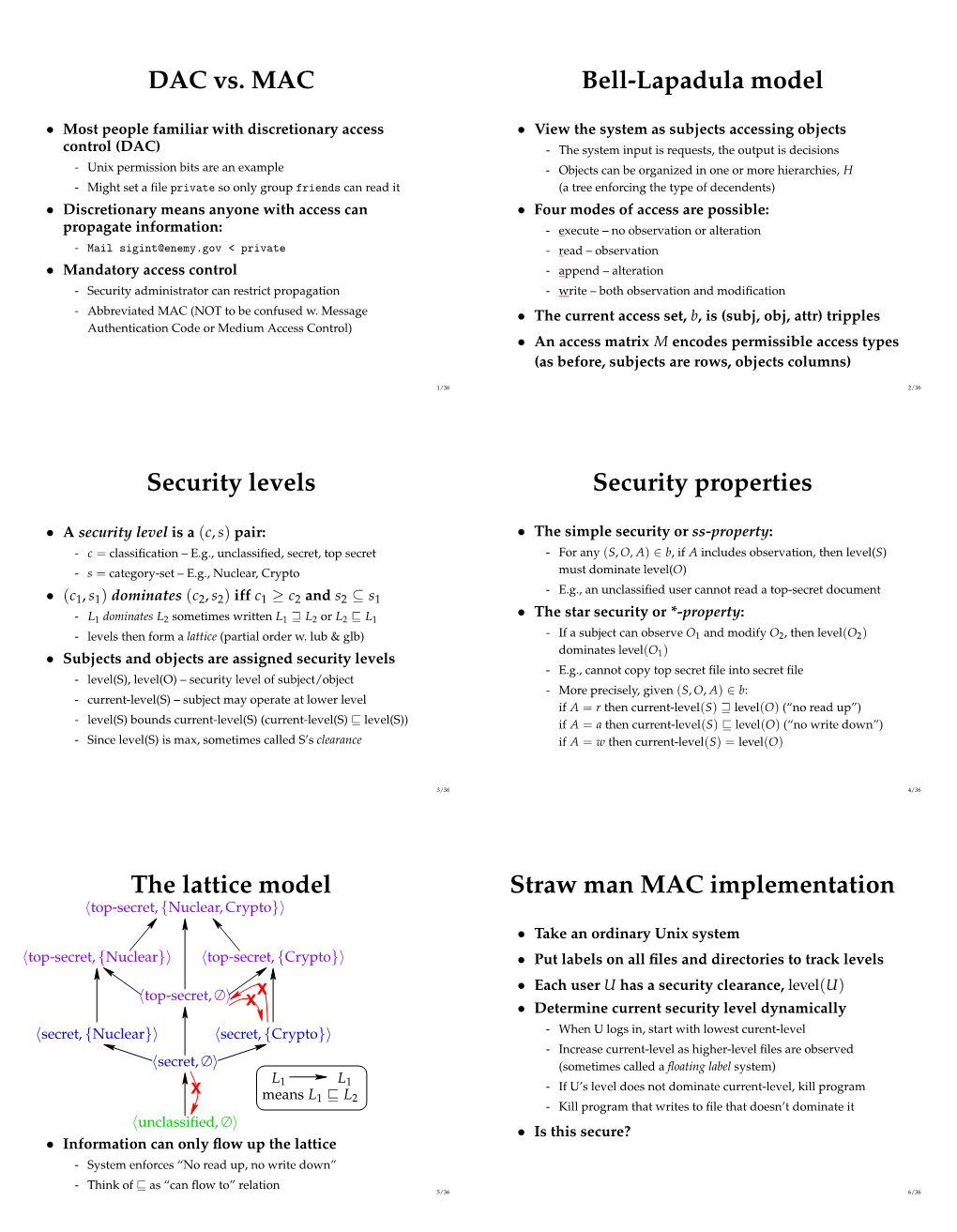 DAC Vs. MAC Bell-Lapadula Model Security Levels Security Properties