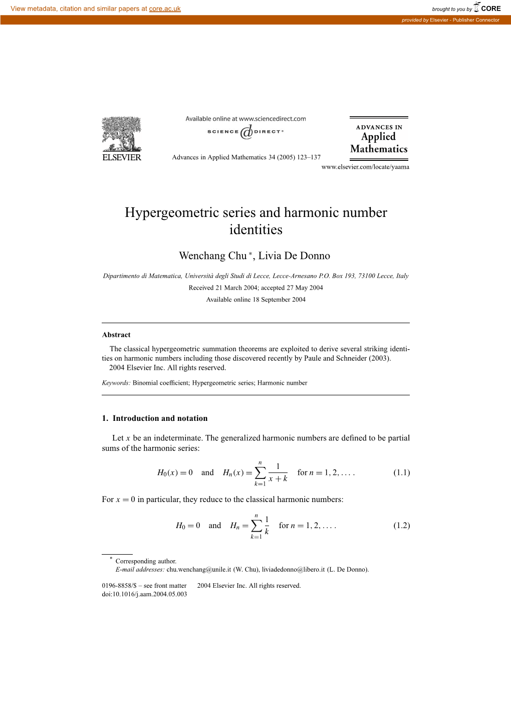 Hypergeometric Series and Harmonic Number Identities