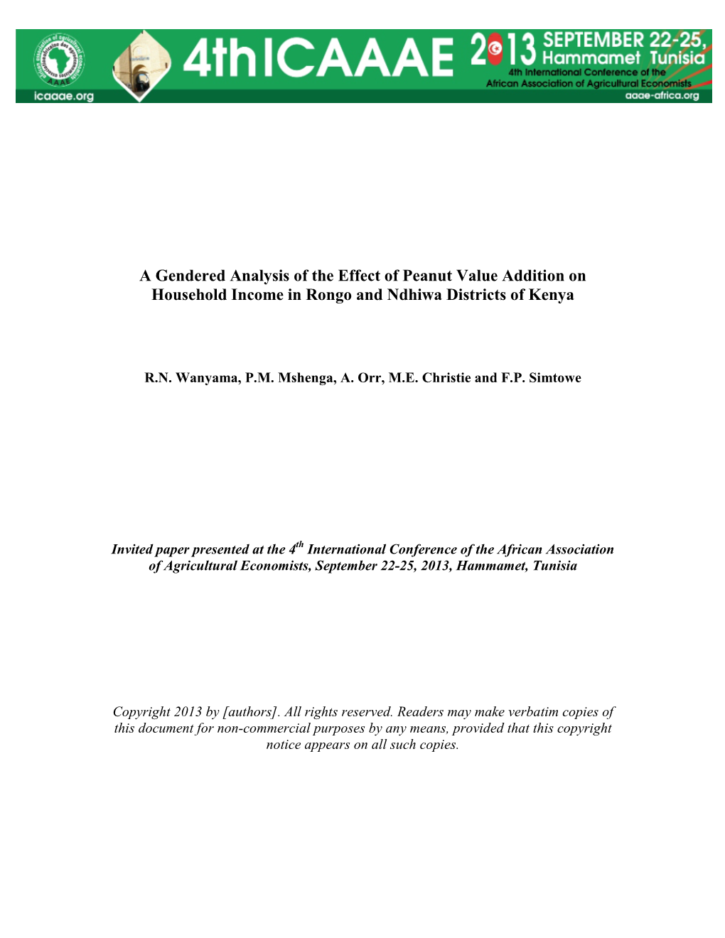 A Gendered Analysis of the Effect of Peanut Value Addition on Household Income in Rongo and Ndhiwa Districts of Kenya