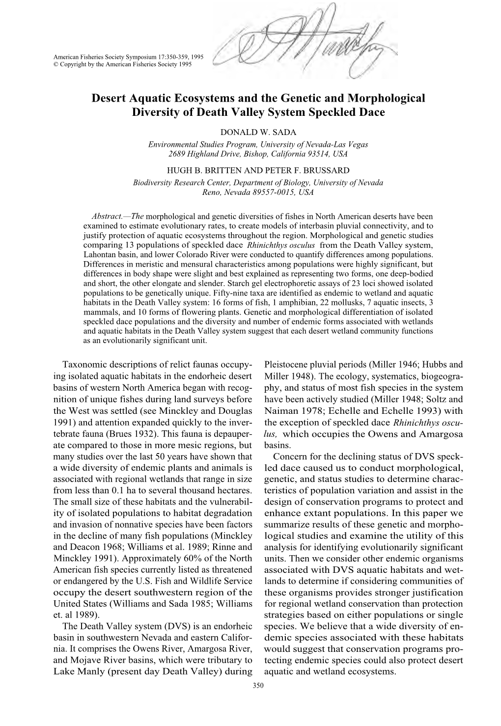 Desert Aquatic Ecosystems and the Genetic and Morphological Diversity of Death Valley System Speckled Dace