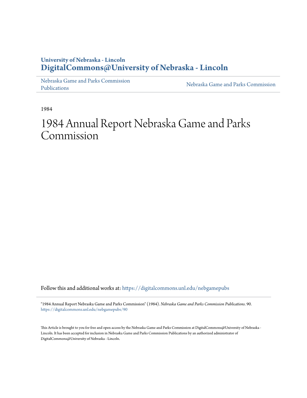 1984 Annual Report Nebraska Game and Parks Commission