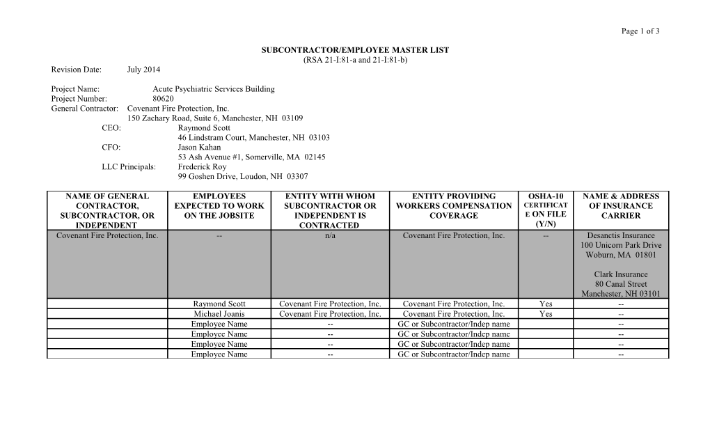 Subcontractor/Employee Master List