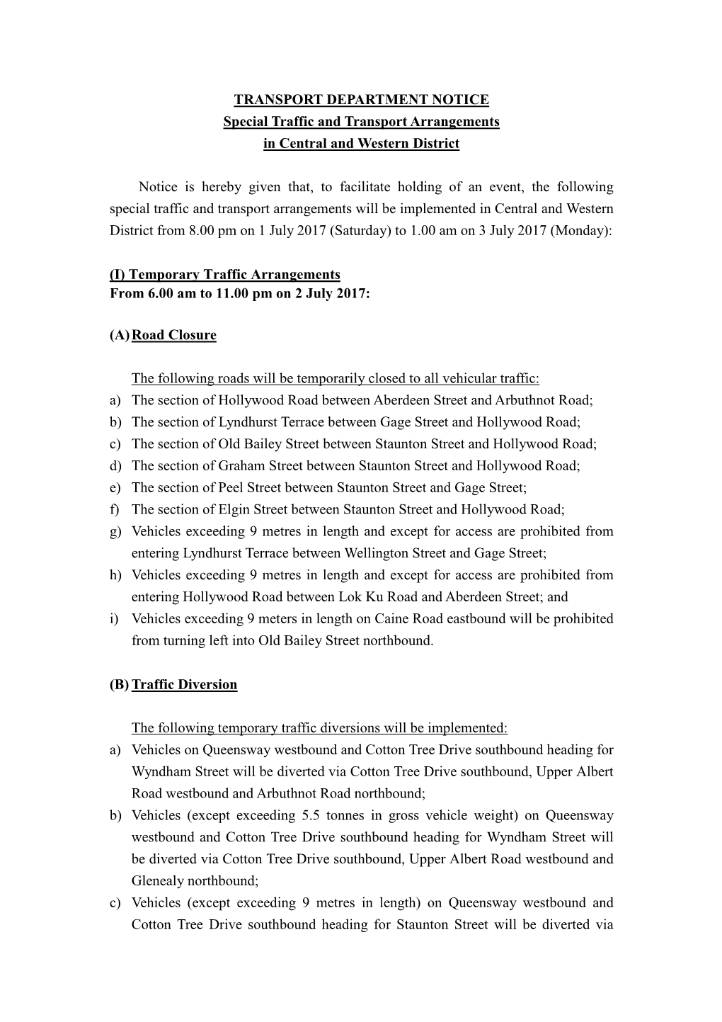 Special Traffic and Transport Arrangements in Central and Western District