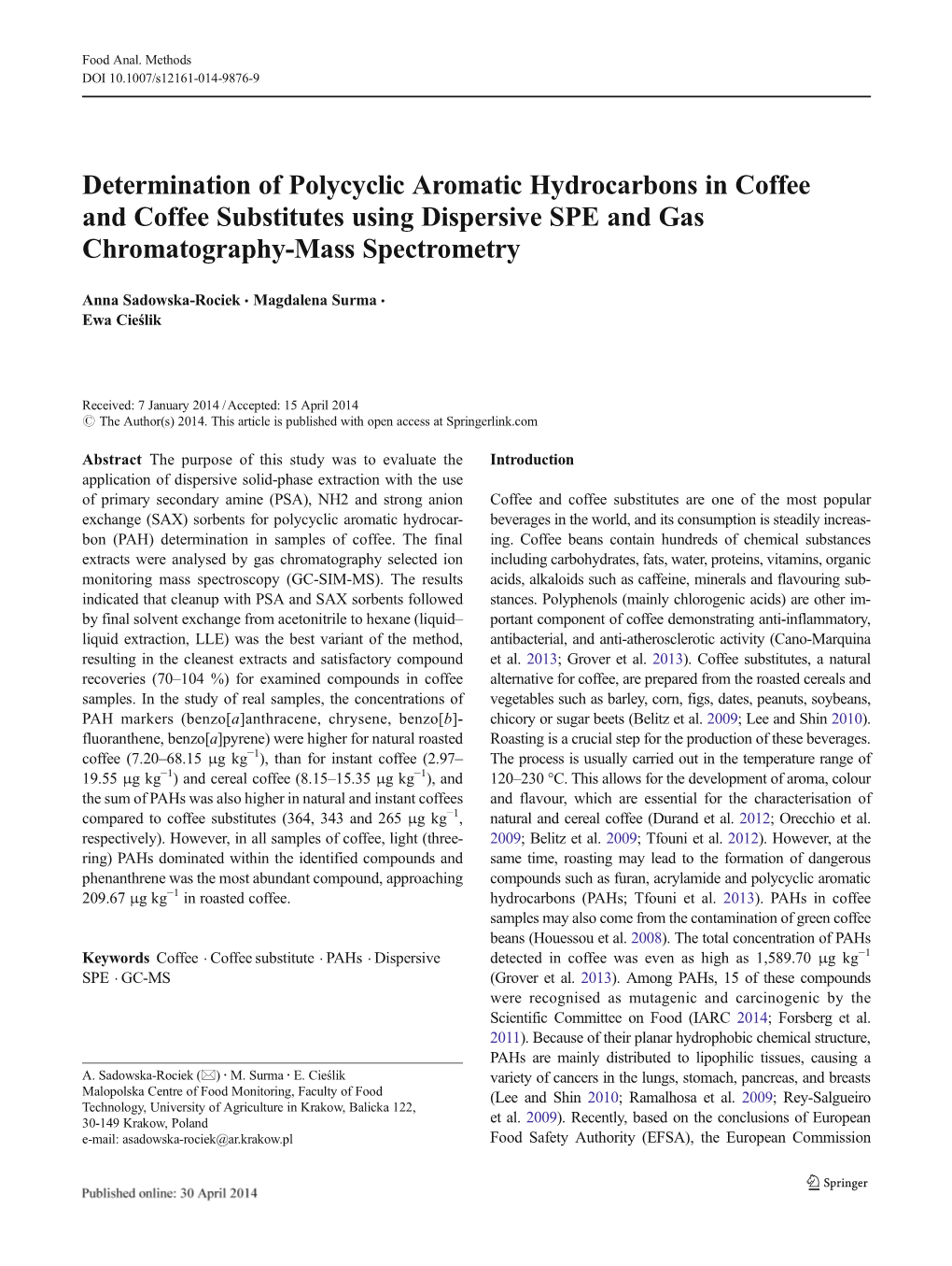 Determination of Polycyclic Aromatic Hydrocarbons in Coffee and Coffee Substitutes Using Dispersive SPE and Gas Chromatography-Mass Spectrometry