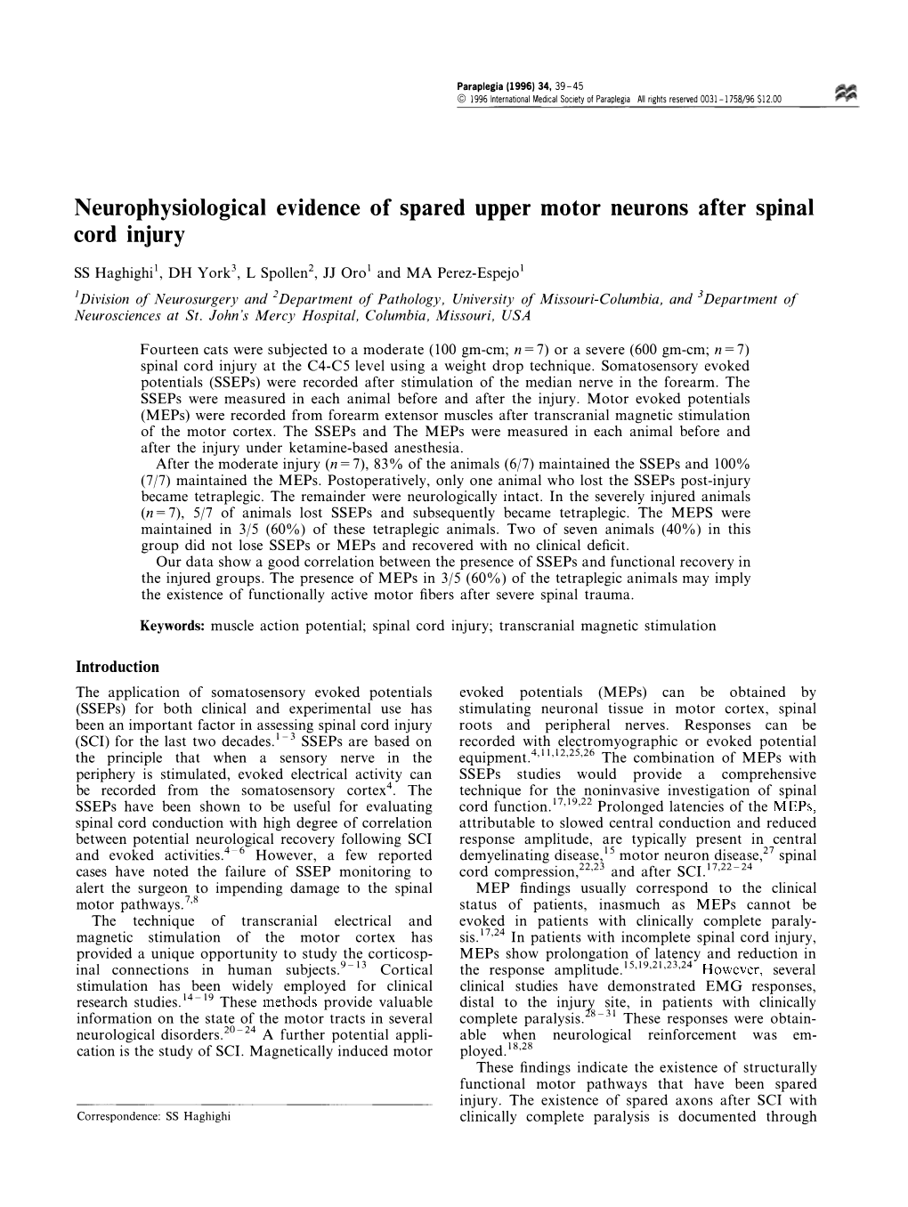 Neurophysiological Evidence of Spared Upper Motor Neurons After Spinal Cord Injury