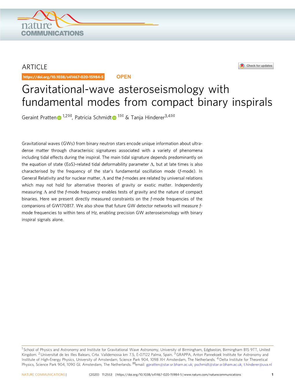 Gravitational-Wave Asteroseismology with Fundamental Modes from Compact Binary Inspirals ✉ ✉ ✉ Geraint Pratten 1,2 , Patricia Schmidt 1 & Tanja Hinderer3,4