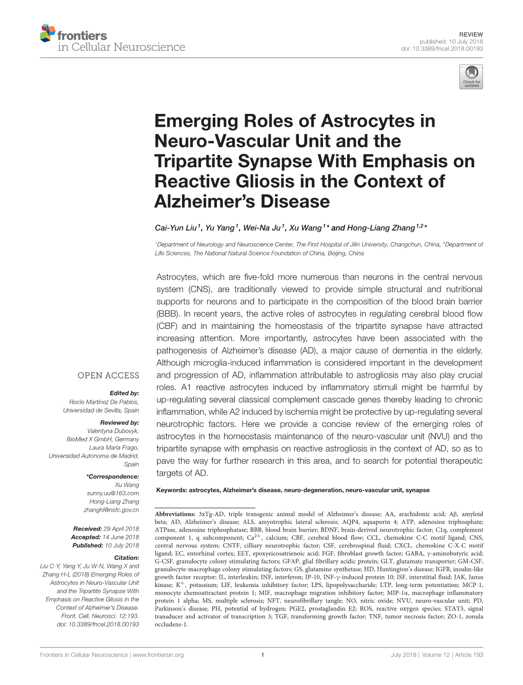 Emerging Roles of Astrocytes in Neuro-Vascular Unit and the Tripartite Synapse with Emphasis on Reactive Gliosis in the Context of Alzheimer’S Disease